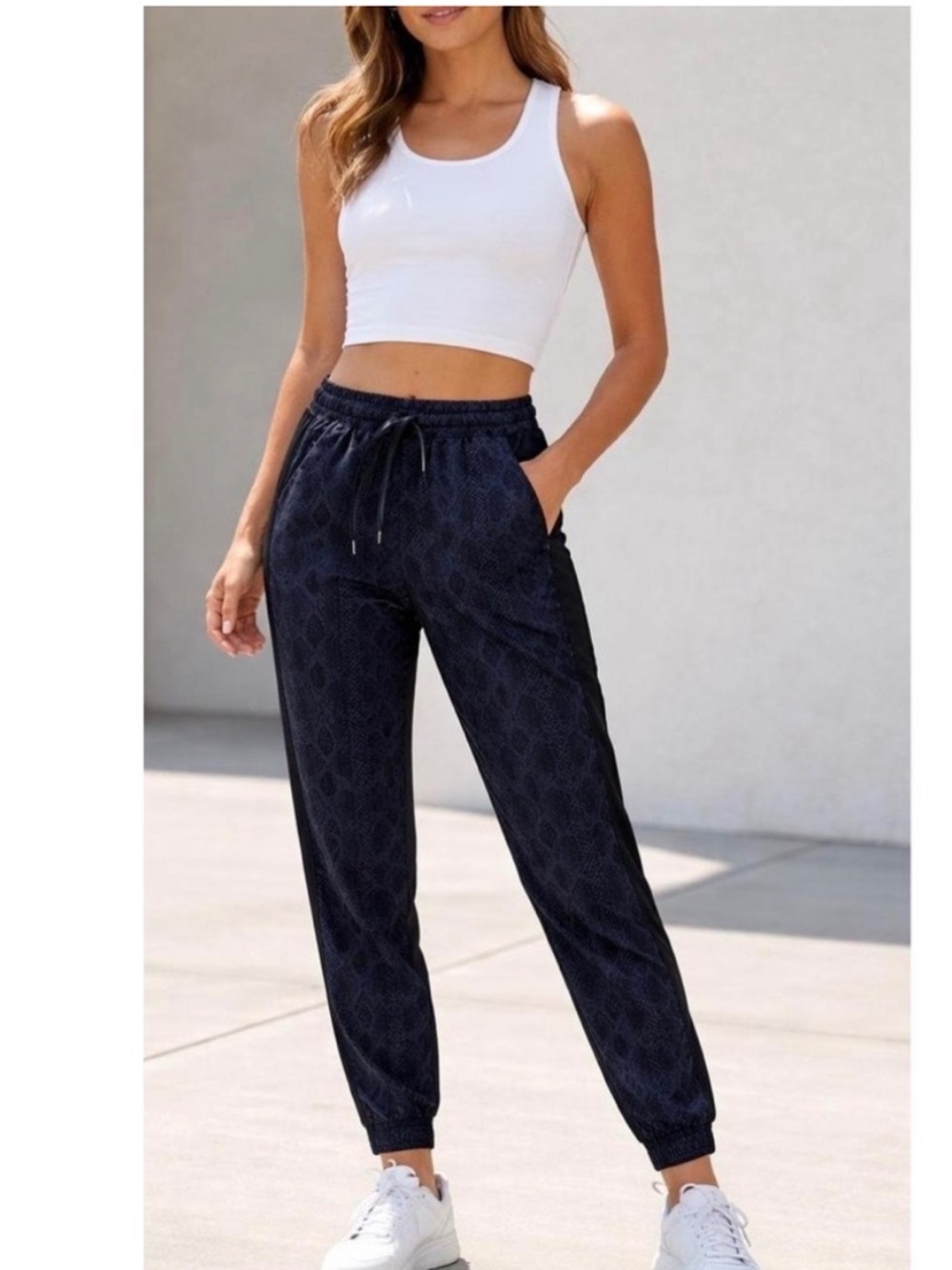 Athleta Brooklyn Jogger Navy Blue Snakeskin Print Pants Black Side Stripe Sz 12
